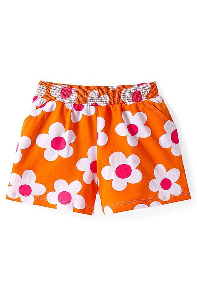 Honeyhap Premium 100% Cotton Knit Above Knee Length Shorts Floral Pack of 2-Orange and Dark Pink