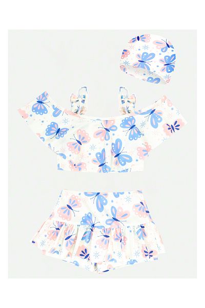 SAPS All Over Butterfly Printed Sun Top With Swim Shorts and Cap - White