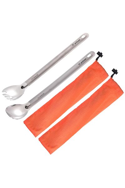 Choice 2pcs polished set Tiartisan Pure Titanium Cutlery Ultralight Long Handle Spoon Spork Outdoor Camping