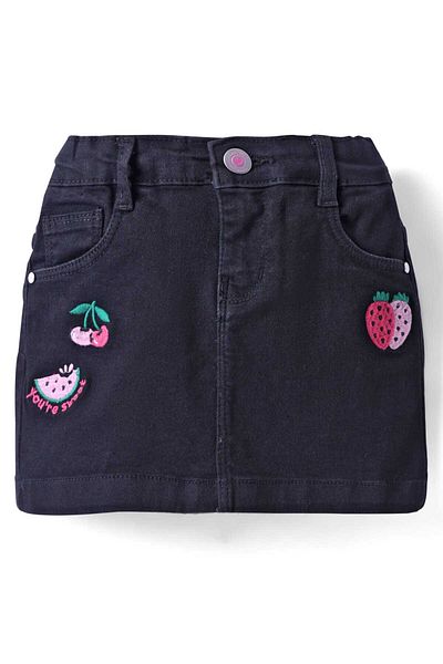 Babyhug Mid Thigh Length Denim Skirt with Fruit Embroidery - Black