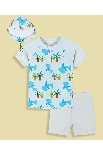 SAPS Tree and Shark Printed Two Piece Swimsuit With Cap - Blue