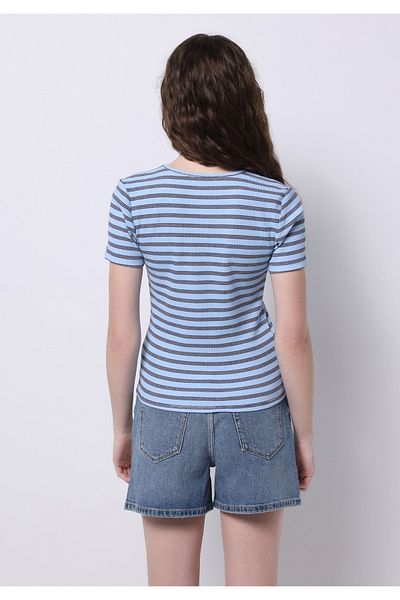 Colin's Tricou albastru cu mânecă scurtă pentru femei, cu gât rotund, în dungi