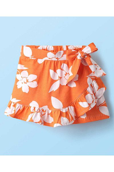 Honeyhap Premium 100% Cotton Knit Bio Finish Above Knee Length Solid Skort with Bow Applique-Orange