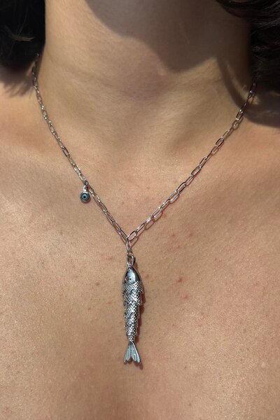 TAKIŞTIR قلادة YSX على شكل سمكة فضية اللون