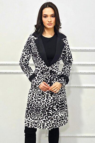 FashionForYou Viviane women's thin coat, button closure and matching drawstring, Black Leopard, S