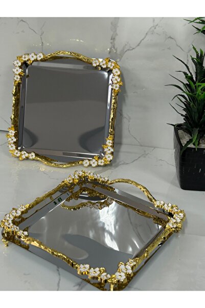 Genel Markalar UK Home & Accessories Paslanmaz Gül Desenli İkili Sunum Tepsisi – Beyaz Mine İşlemeli