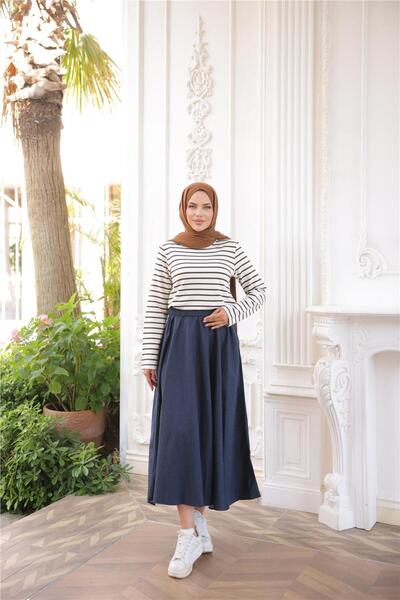 Bwest O Neck Horizontal Stripes Long Sleeve Short Slit Short Tunic - (38-46) - 71296 - Brown