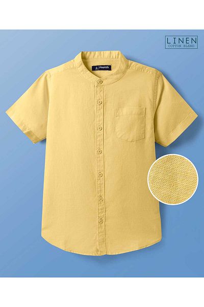 Pine kids Linen Woven Half Sleeves Solid Shirt With Mandarin Collar - Yellow