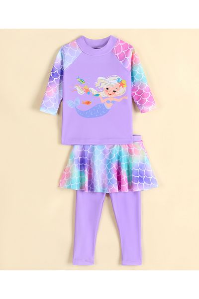 SAPS Mermaid & Scales Print Quick Drying Full Sleeves Two Piece Swimsuit - Purple