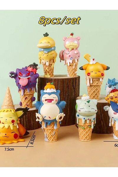 Miniso 8pcs 1 set 8Pcs/set Pokemon Anime Figure Ice Cream Cone Series 10cm Pikachu Gengar Bulbasaur Action