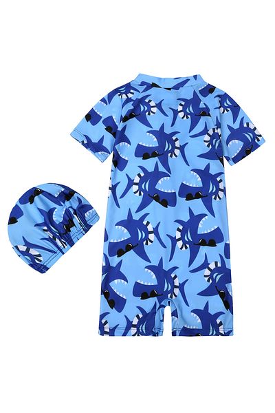 SAPS Shark Printed Legged Swimsuit With Cap - Blue