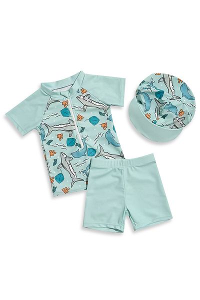 SAPS All Over Sea Animal Printed Two Piece Swimsuit with Cap - Blue