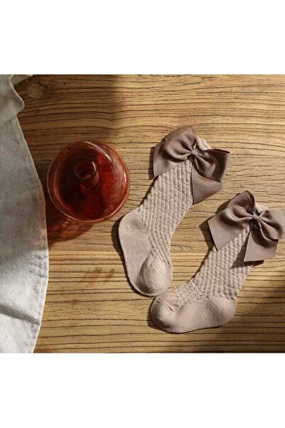OEM Long Socks for Girls with Satin Bows, Cotton, Cream, MIXBO
