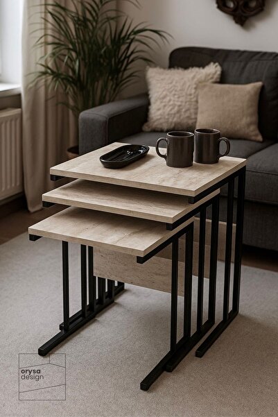 Orysa Design ZS-1 Metal Ayaklı 3'lü Zigon Sehpa - Traverten