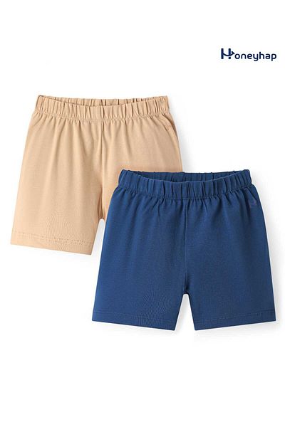 Honeyhap Premium Cotton Knit Mid Thigh Solid Cycling Shorts Bio Finish Pack of 2-Navy Peony & Beige