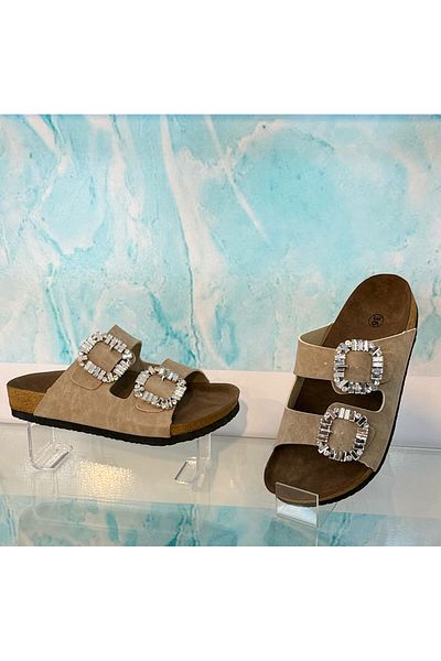 Nexs Mahcerys Women's Stoned Double Buckle Beige Slippers (Not Wear in Water)
