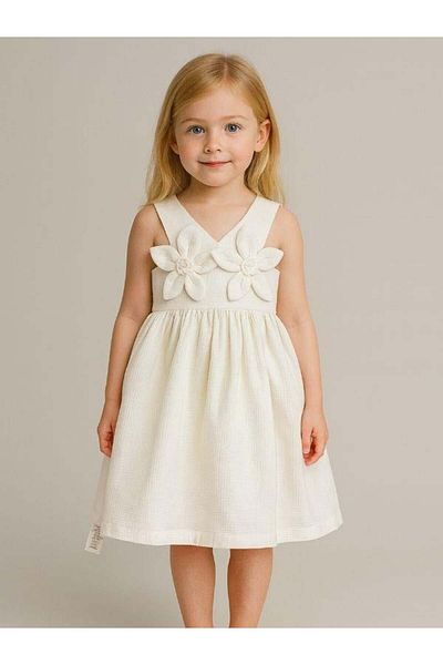 Zekids Girl's White Dress with Flower Detail
