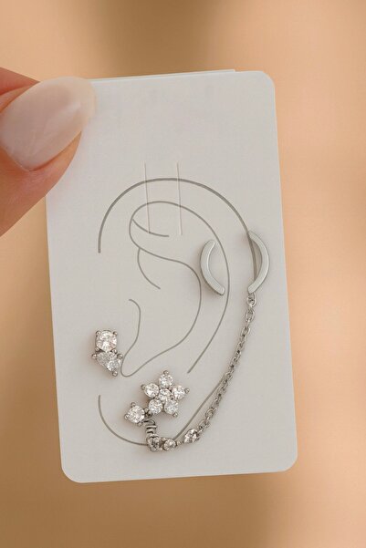 TAKIŞTIR Gümüş Renk Çiçek Figürlü İkili Ear Cuff Küpe Set