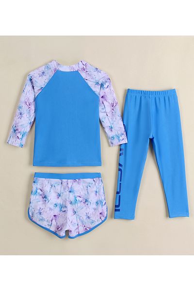 SAPS Ice Sand Print Full Sleeves Quick Drying Three Piece Swimsuit -Blue & Purple