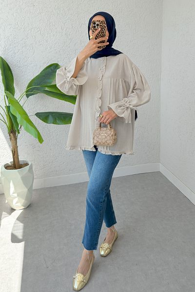 Salih Çelebi Ribbed Ruffle Tunic 2322 - Beige