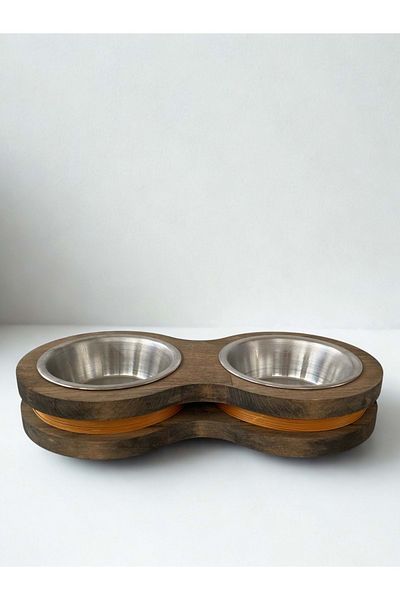 Fitline Natural Wooden Food or Water Bowl Double Dark Yellow Striped