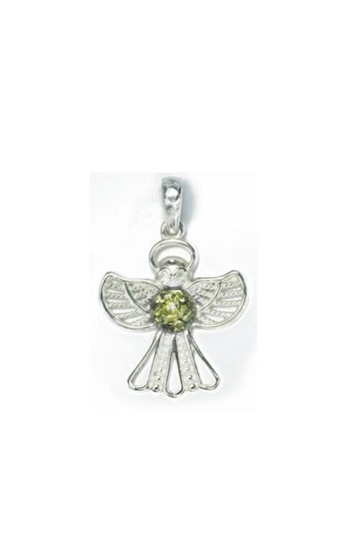 OEN Ασημένιο μενταγιόν με πράσινο κεχριμπάρι, μοντέλο άγγελος, μήκος 3 cm