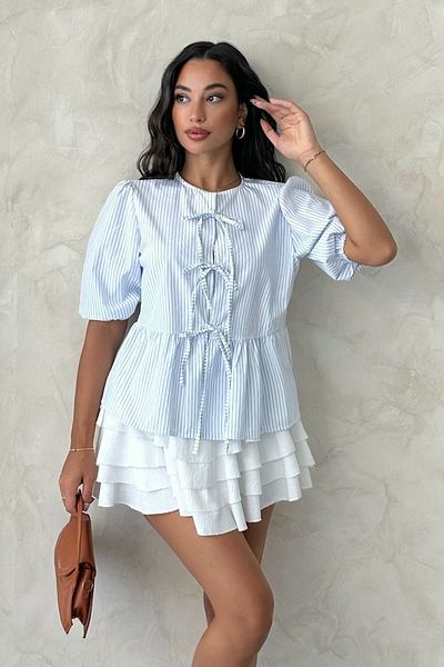 MD trend Γυναικεία ριγέ μισό μανίκι δεμένη μπλούζα
