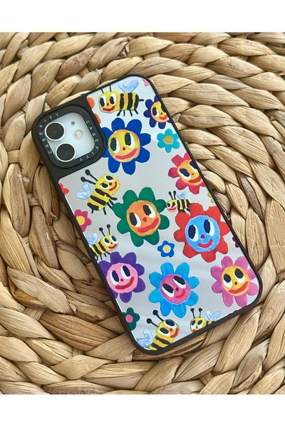 HYPERSOFT iPhone 12 and 12 Pro (6.1 Inch) Compatible Casefity Mirrored Case Bee Flower Pattern Premium Cover