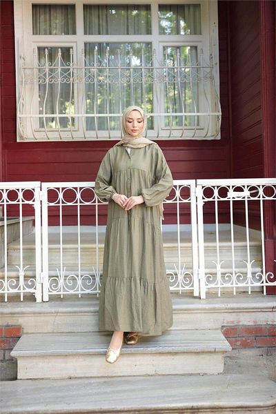 Bwest Semi-Button Pleated and Elastic Sleeve Long Loose Dress - (38-46) - 71277 - Khaki