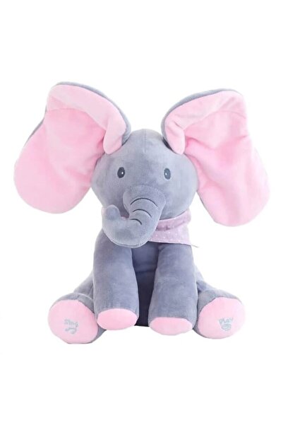 OEM Jucărie interactivă, Elefantul Peekaboo, cântă și vorbește în limba română, gri/roz, 35 cm