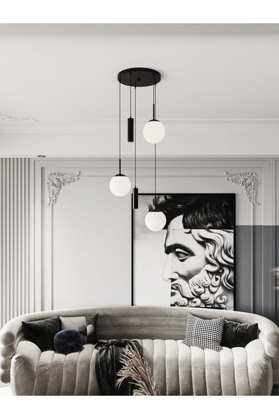 avizade VİENNA Modern Siyah Metal Gövdeli 5'li Sarkıt Avize - 3 Beyaz Cam Kür...