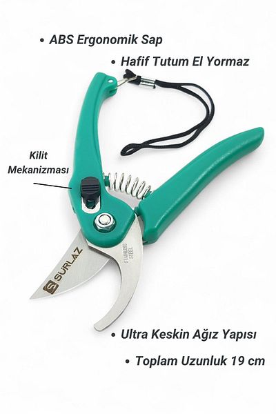 SürLaz 19 cm Pruning Shears |   Stainless Steel |   Ergonomic Handle |   Lock Mechanism Garden Scissors
