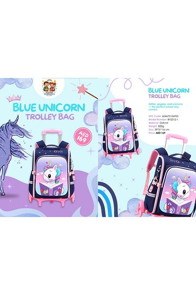 esabela Trolley Bag for Kids, Bag for School, Lightweight Water-proof, Trolley Bag Blue Unicorn