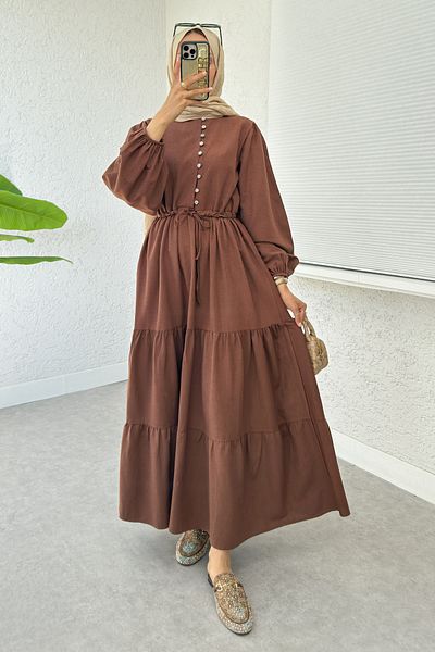 Salih Çelebi Waist Gathered Layered Dress 2378 - Brown
