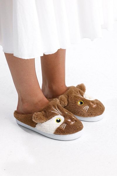 NOVİNS Comfortable Flexible Sole Washable House Slippers with Plush Cat Figure Dowry Slippers