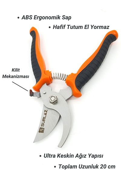 SürLaz 20 cm Professional Pruning Shears |   Stainless Steel |   Orange Black Ergonomic Handle |   With Lock Mechanism