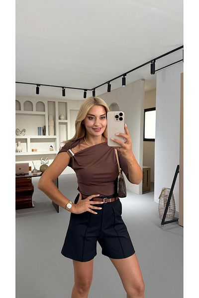 Sezgi Tekin Shoulder Accessory Detail Draped Brown Blouse