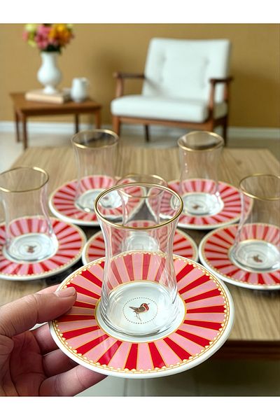 Yumuk Shop 24 Piece Pink Bird Gold Gilded Tea Set for 12 People