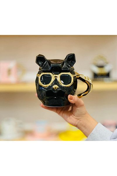 Wolawood Gold Detailed Geometric Champion Trophy Black Matte Porcelain Cup Stylish Design Luxury Decorative Gift