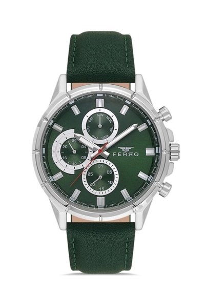 FERRO Yeşil Deri Kordon Erkek Kol Saati FM11461B-A10 Fonksiyonları Aktif 3ATM Su Geçirmez