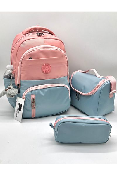 ÇantaExpress First School Bag Set of 3 Unisex Water Resistant Children's Primary School Bag 8010 Blue - Powder