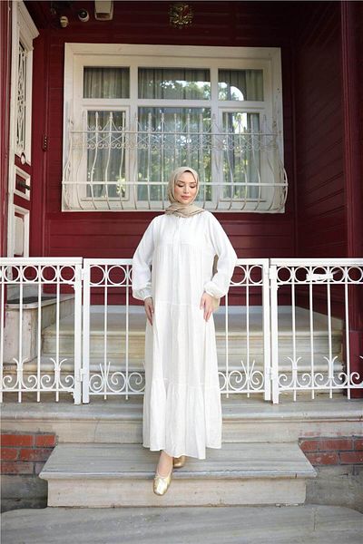 Bwest Semi-Button Pleated and Elastic Sleeve Long Loose Dress - (38-46) - 71277 - Ecru