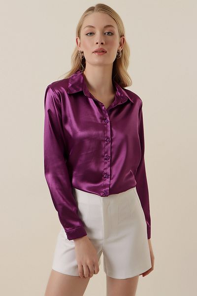 Merterium Women's Draped Satin Shirt Purple 1069