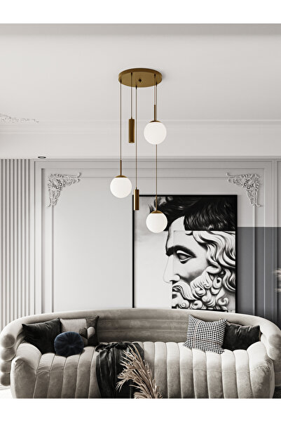 avizade VİENNA Modern Eskitme Metal Gövdeli 5'li Sarkıt Avize - 3 Beyaz Cam Küre 2 Led Spot, E27 Duy-G10 Duy