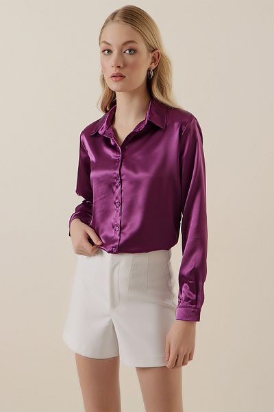 Merterium Women's Draped Satin Shirt Purple 1069