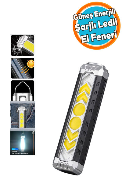 NZB Güneş Enerjli El Feneri Ledli 15W Şarjlı Mıknatıslı Askılı Kamp Taktik El...
