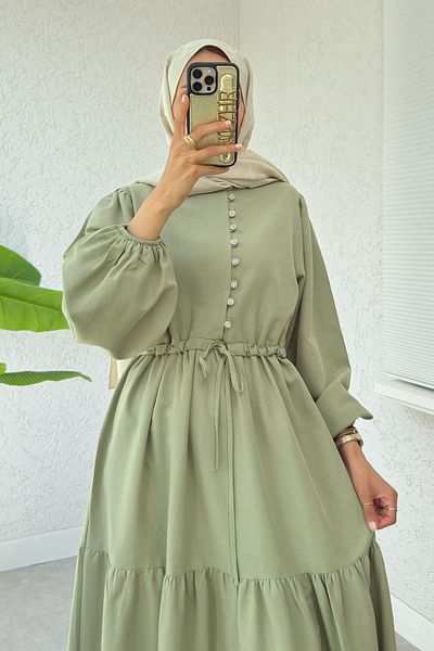 Salih Çelebi Waist Gathered Layered Dress 2378 - Light Khaki