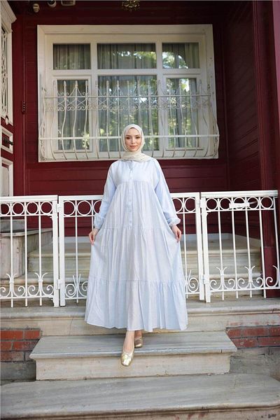 Bwest Semi-Button Pleated and Elastic Sleeve Long Loose Dress - (38-46) - 71277 - Blue