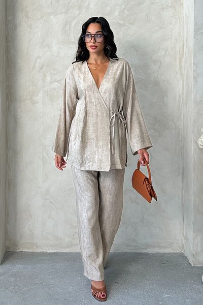 MD trend Women's Tie-Up Slit Kimono Pants Set