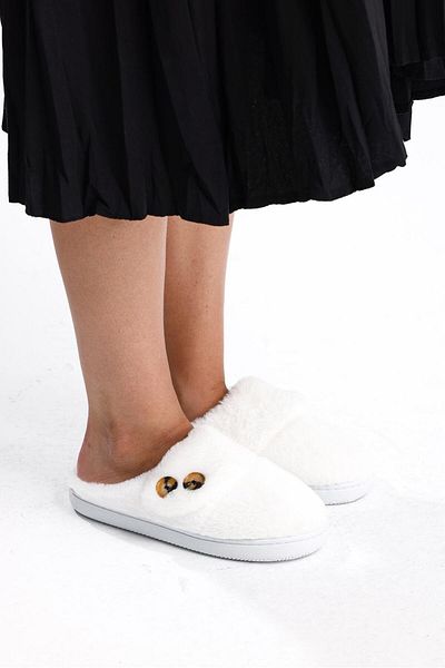 NOVİNS Women's Plush Button Detailed Comfortable Flexible Soled Washable House Slippers Dowry Slippers